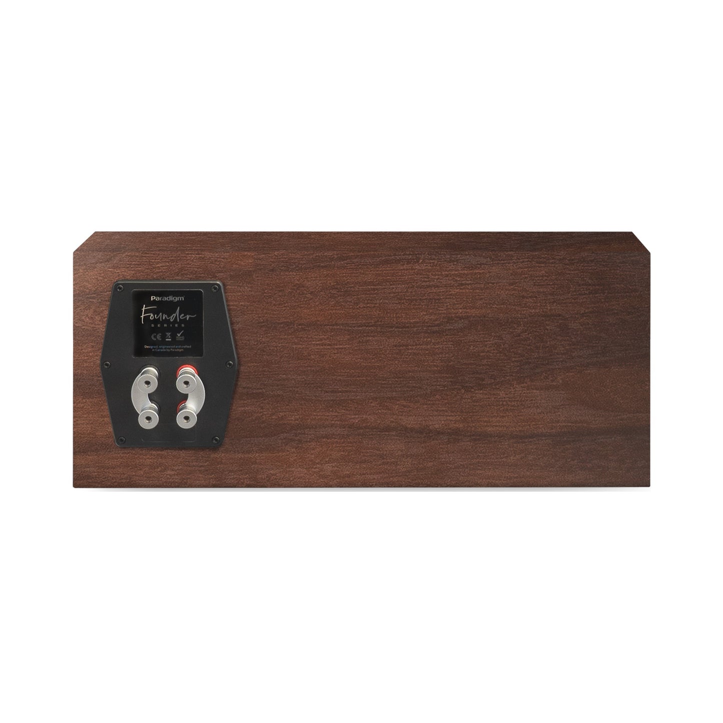 Paradigm Founder 70LCR Lautsprecher Rückansicht mit Bi-Wiring-Anschlussfeld liegend aufgestellt, Walnut