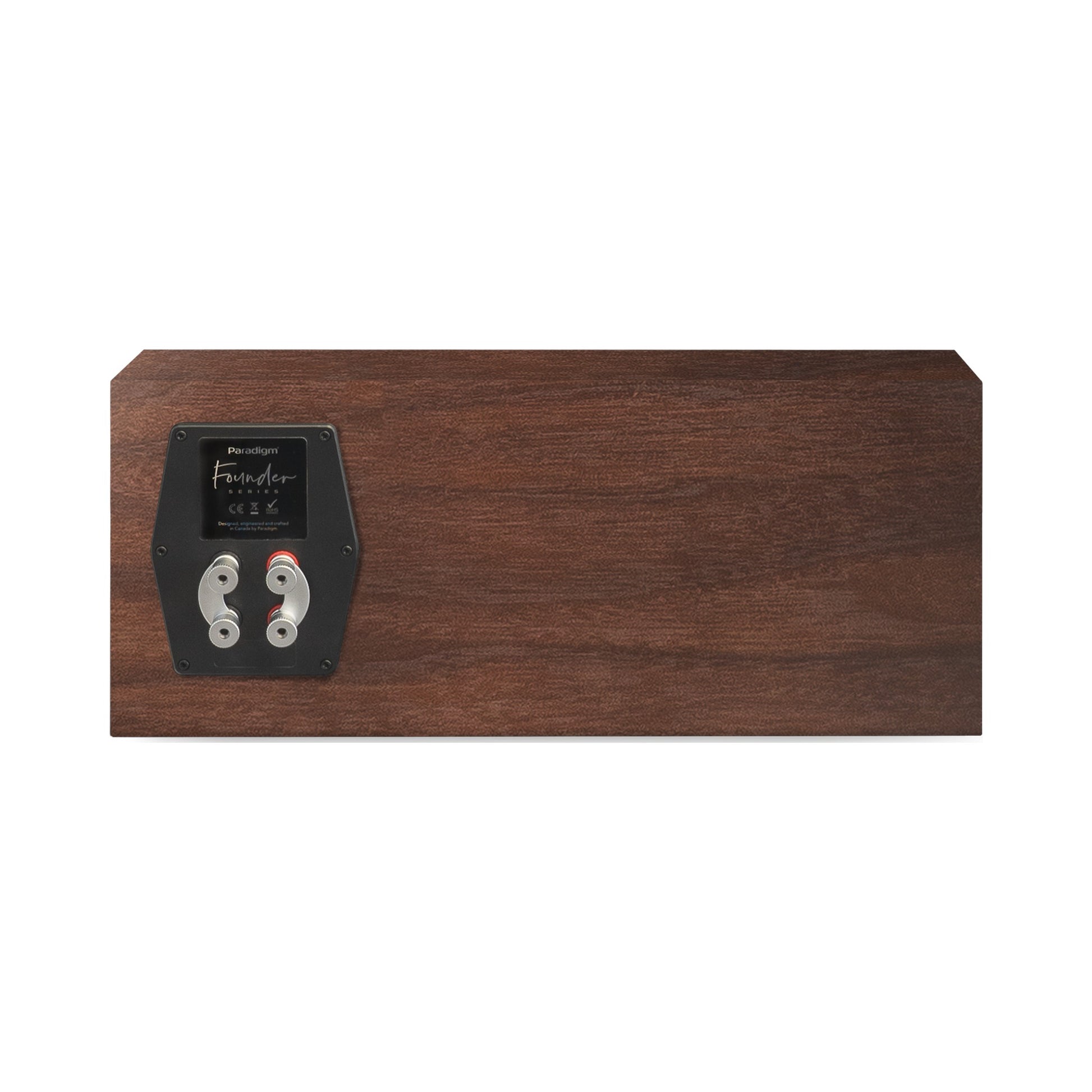 Paradigm Founder 70LCR Lautsprecher Rückansicht mit Bi-Wiring-Anschlussfeld liegend aufgestellt, Walnut