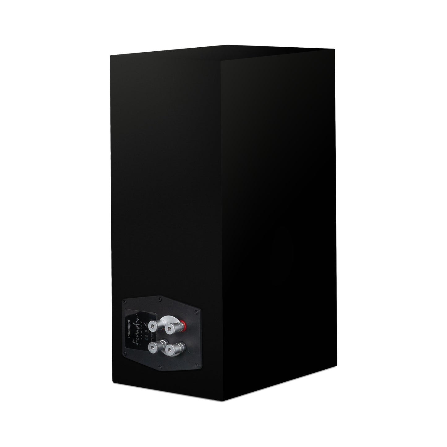 Paradigm Founder 70LCR Lautsprecher Rückansicht schräg mit Anschlussfeld aufrecht aufgestellt, Black Gloss