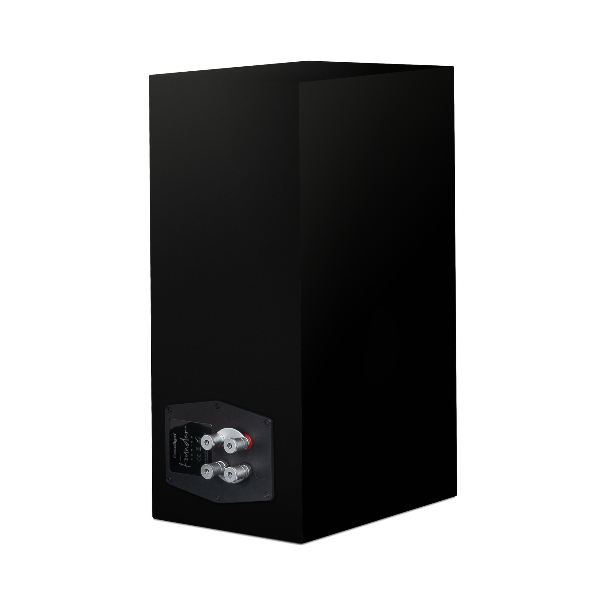 Paradigm Founder 70LCR Lautsprecher Rückansicht schräg mit Anschlussfeld aufrecht aufgestellt, Black Gloss