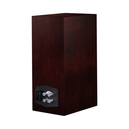 Paradigm Founder 70LCR Lautsprecher Rückansicht schräg mit Anschlussfeld aufrecht aufgestellt, Midnight Cherry
