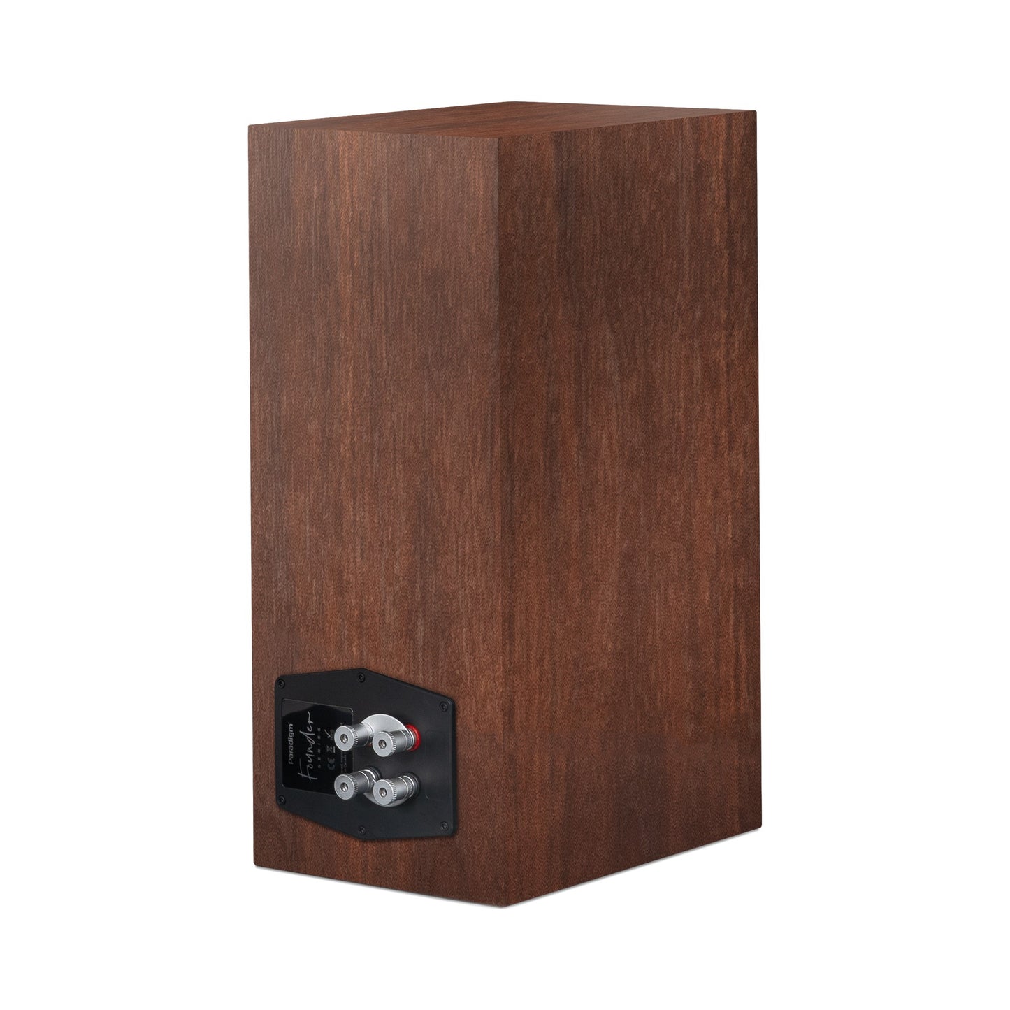 Paradigm Founder 70LCR Lautsprecher Rückansicht schräg mit Anschlussfeld aufrecht aufgestellt, Walnut