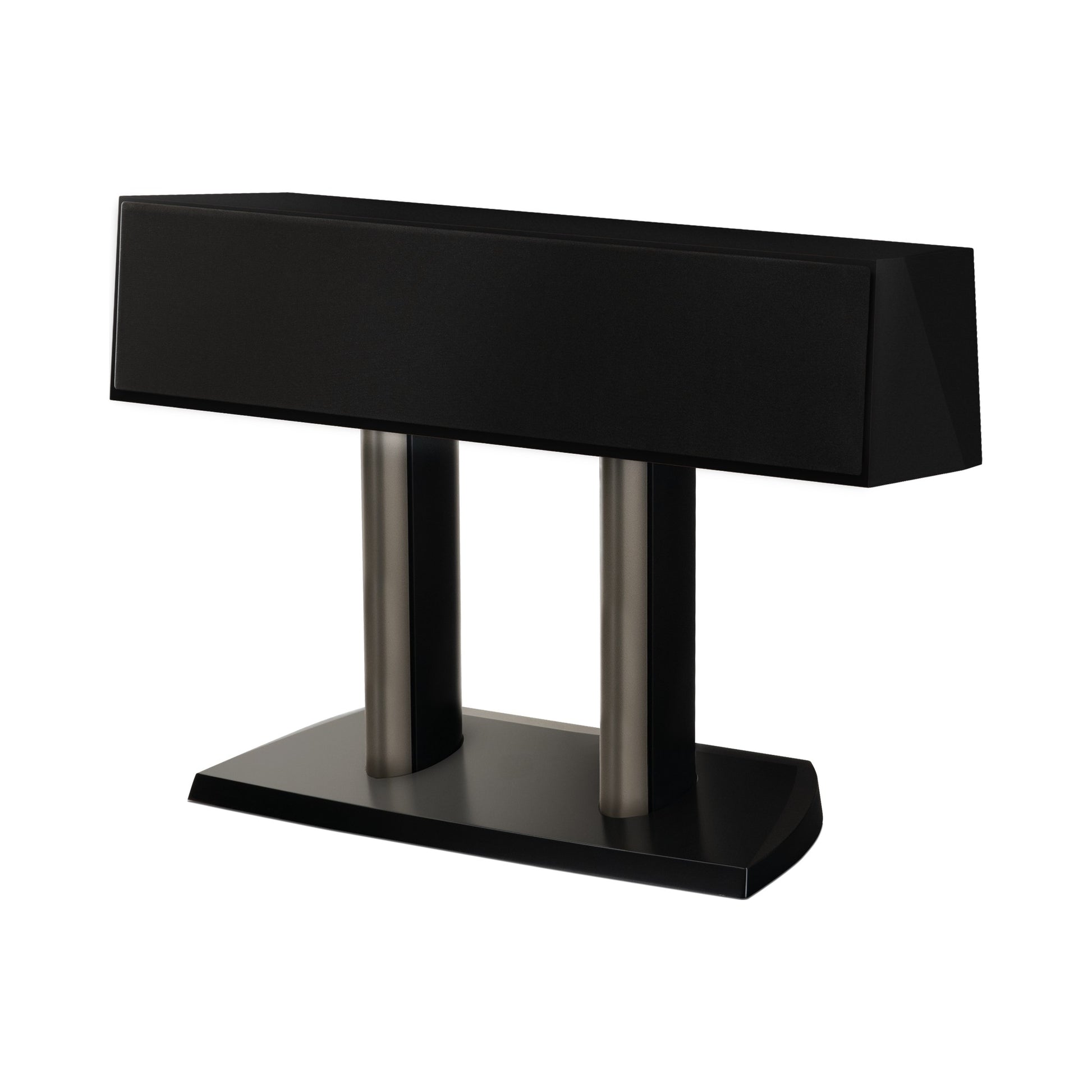 Paradigm Founder 90C Center-Lautsprecher Schrägansicht mit montierter Abdeckung auf Standfuss, Black Gloss
