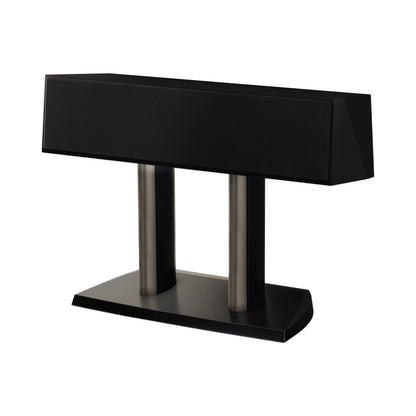 Paradigm Founder 90C Center-Lautsprecher Schrägansicht mit montierter Abdeckung auf Standfuss, Black Gloss