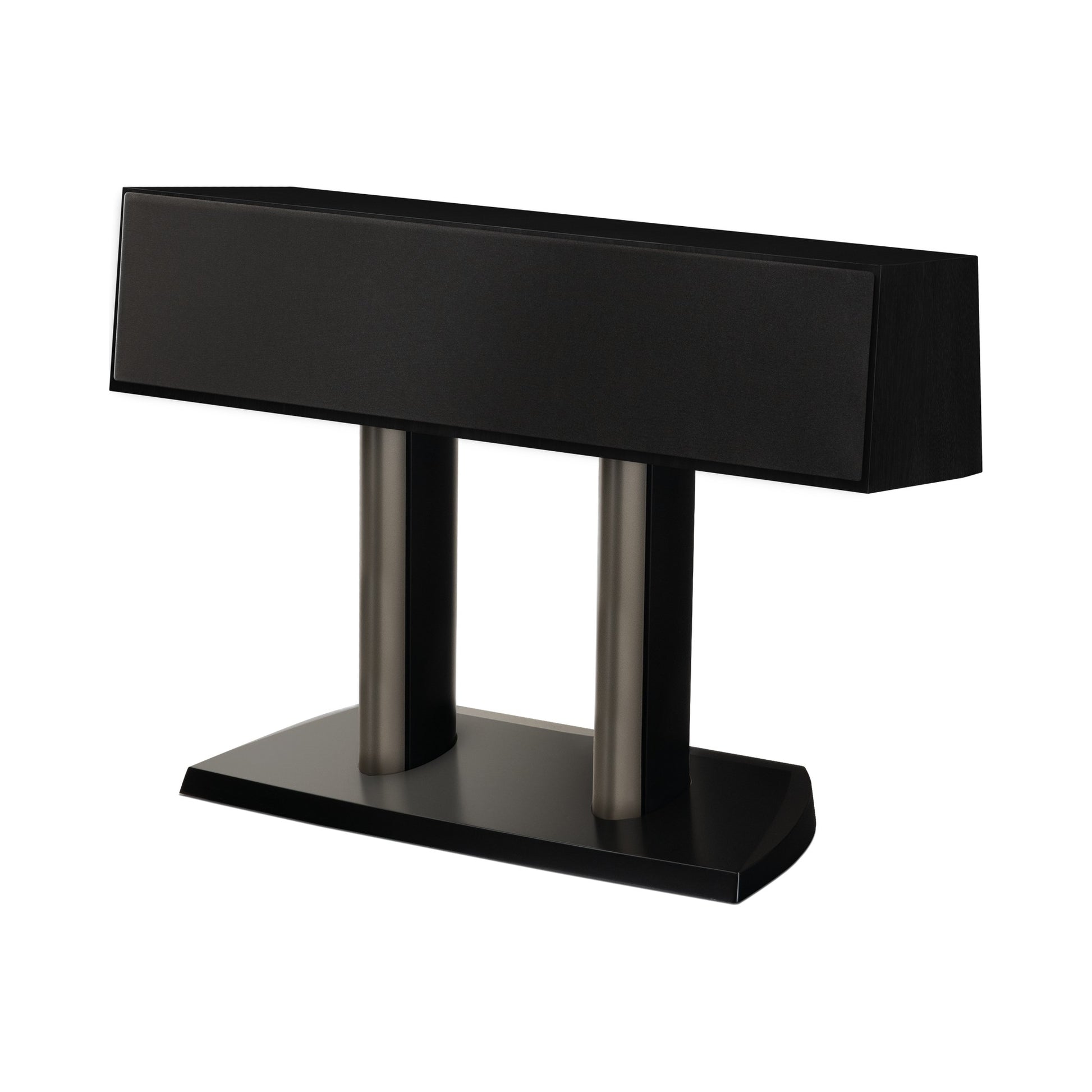 Paradigm Founder 90C Center-Lautsprecher Schrägansicht mit montierter Abdeckung auf Standfuss, Black Walnut