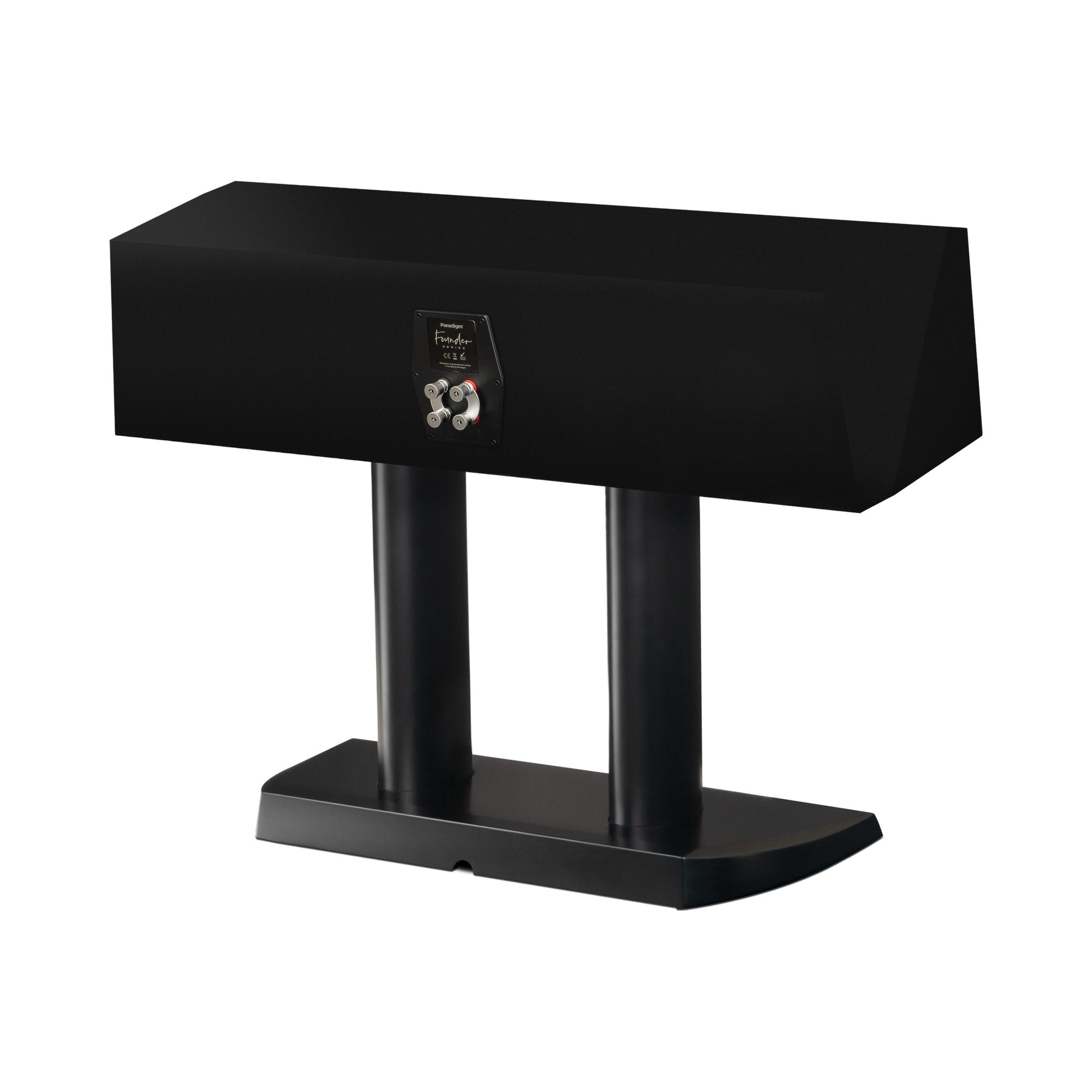Paradigm Founder 90C Center-Lautsprecher Rückansicht schräg mit Anschlussfeld auf Standfuss, Black Gloss