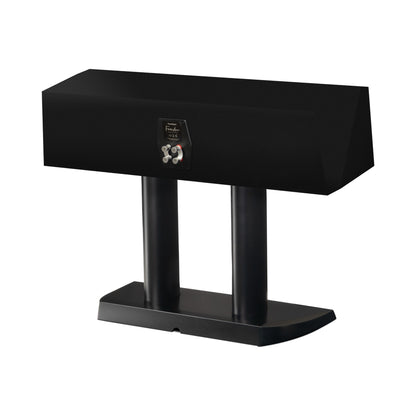 Paradigm Founder 90C Center-Lautsprecher Rückansicht schräg mit Anschlussfeld auf Standfuss, Black Gloss