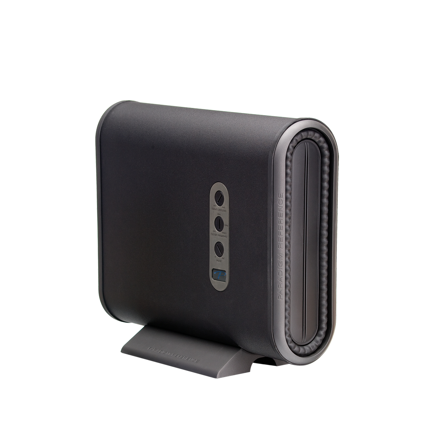Paradigm MilleniaSub Subwoofer Schrägansicht mit Bedienfeld, Satin Black