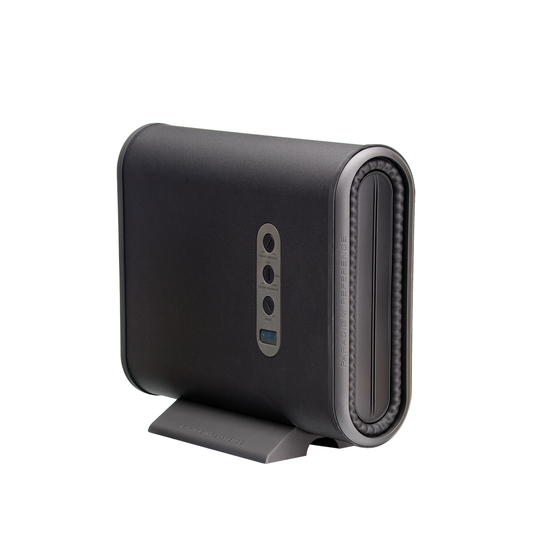 Paradigm MilleniaSub Subwoofer Schrägansicht mit Bedienfeld, Satin Black