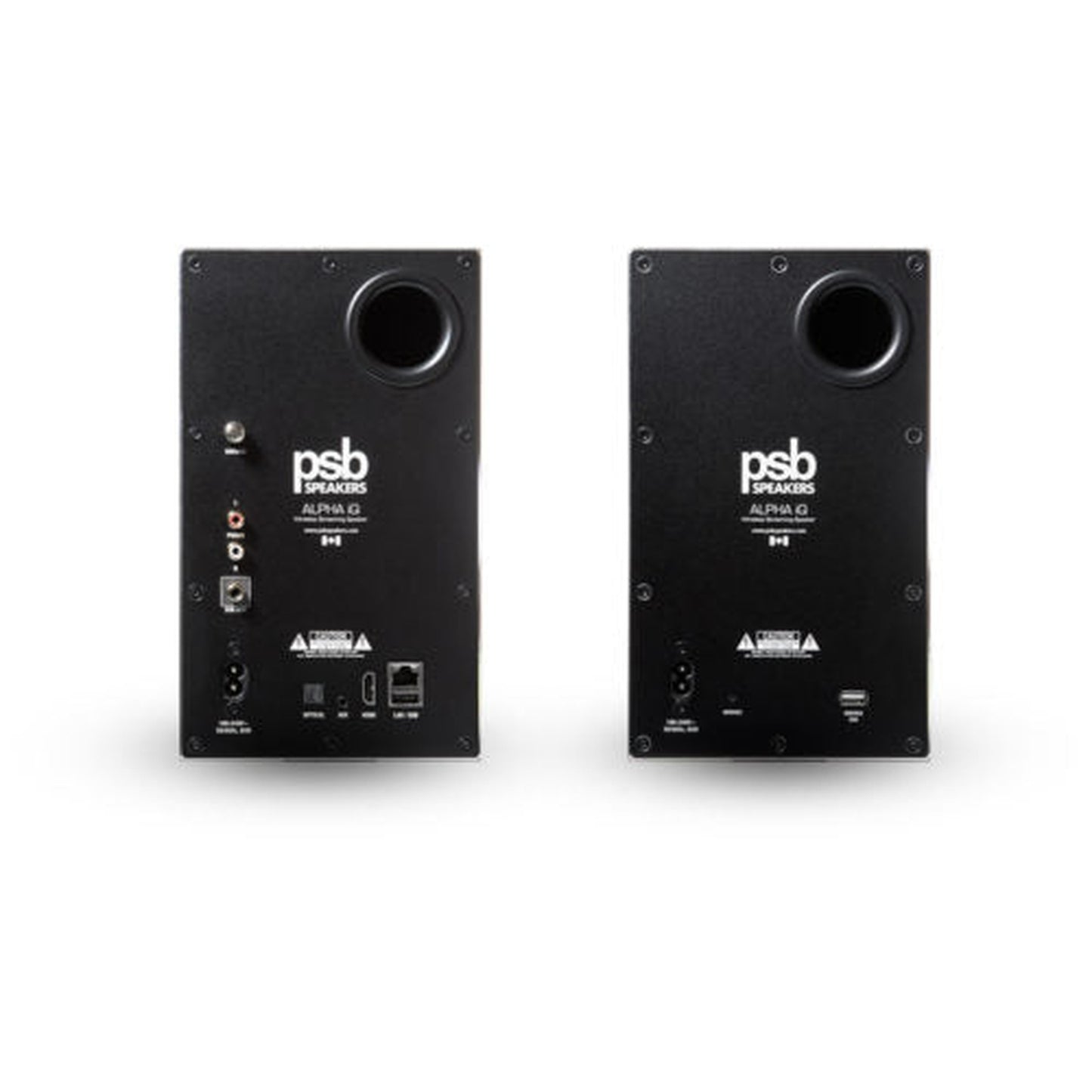 PSB Alpha iQ Streaming-Lautsprecher Rückansicht Schwarz mit Anschlussfeld und Bassreflexöffnung