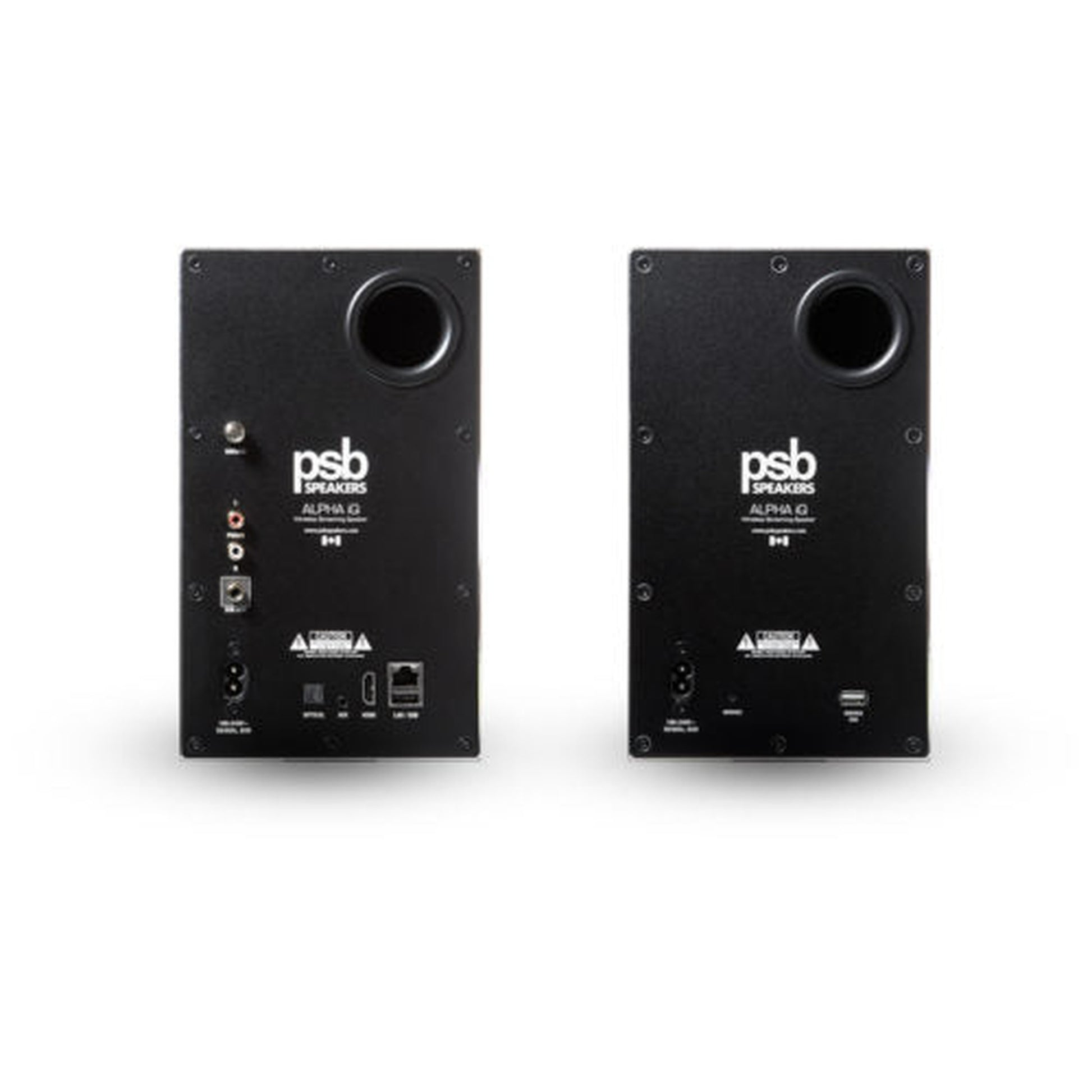PSB Alpha iQ Streaming-Lautsprecher Rückansicht Schwarz mit Anschlussfeld und Bassreflexöffnung