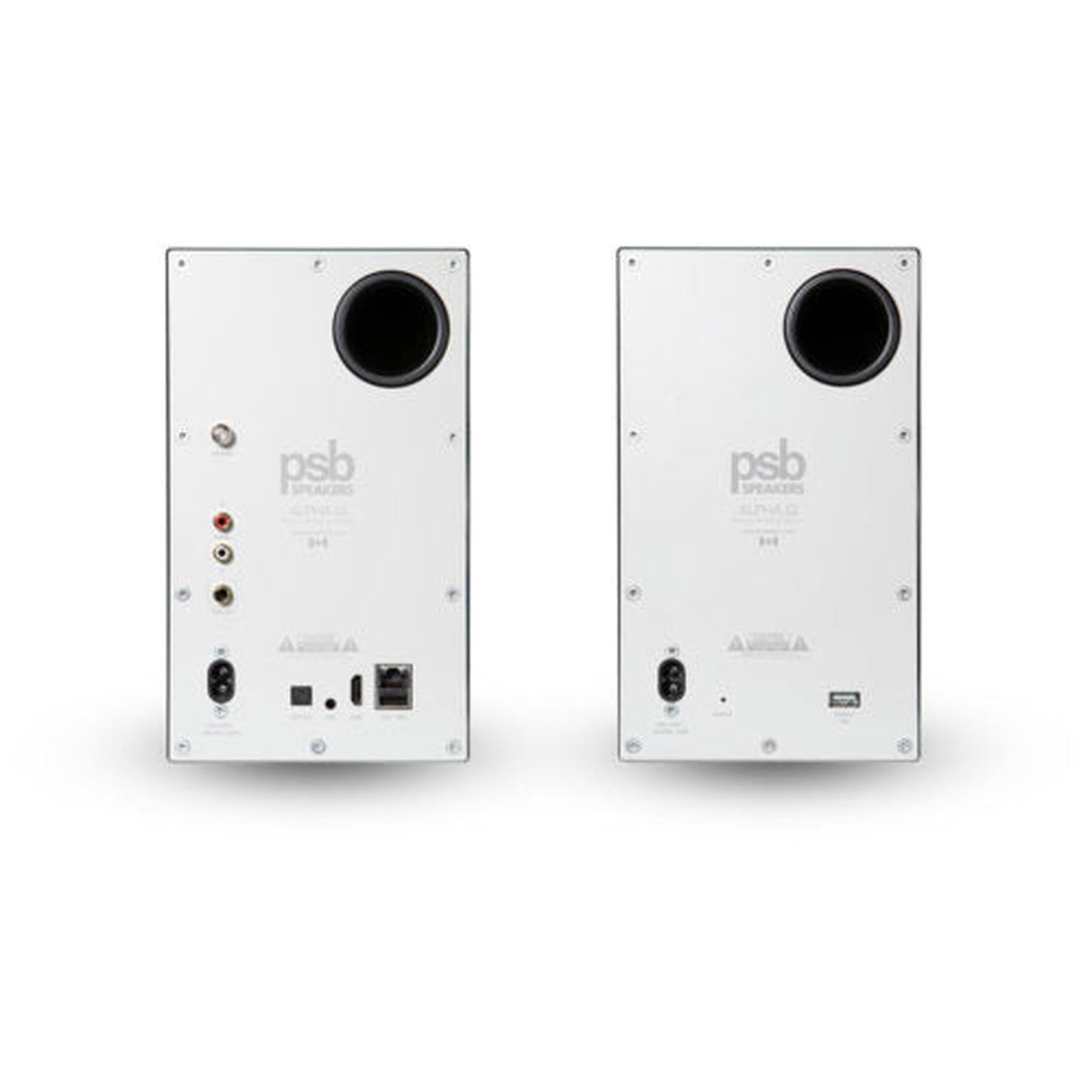 PSB Alpha iQ Streaming-Lautsprecher Rückansicht Weiss mit Anschlussfeld und Bassreflexöffnung