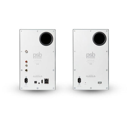 PSB Alpha iQ Streaming-Lautsprecher Rückansicht Weiss mit Anschlussfeld und Bassreflexöffnung