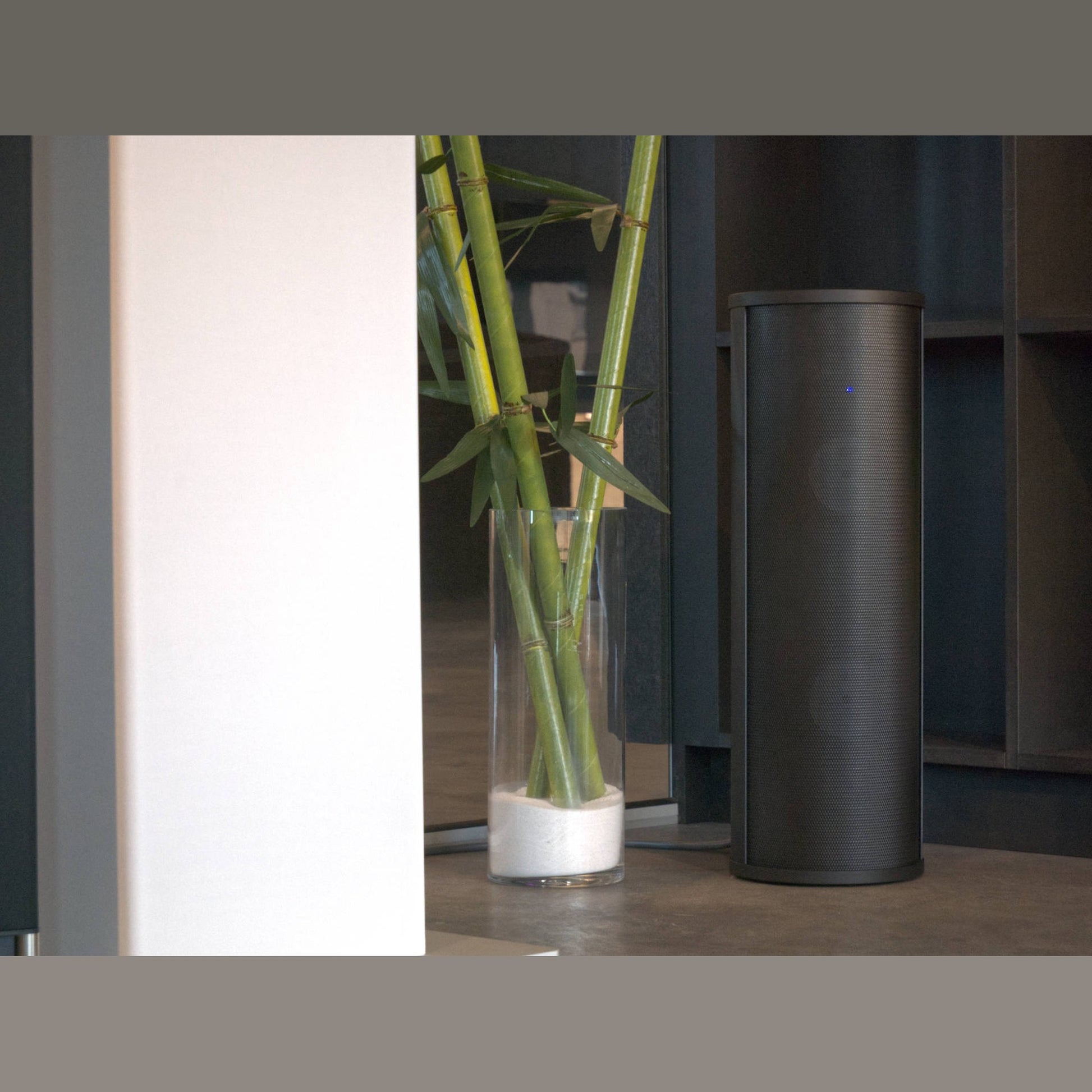 PSI Audio AVAA C214 Aktive Bassfalle Schwarz Lifestyle im Wohnraum neben Sideboard