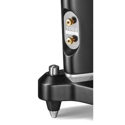 Raidho TD3.2 Signature Standlautsprecher Detailansicht Terminal und Spike (zeigt Raidho TD2.2, weicht ab), Schwarz Hochglanz
