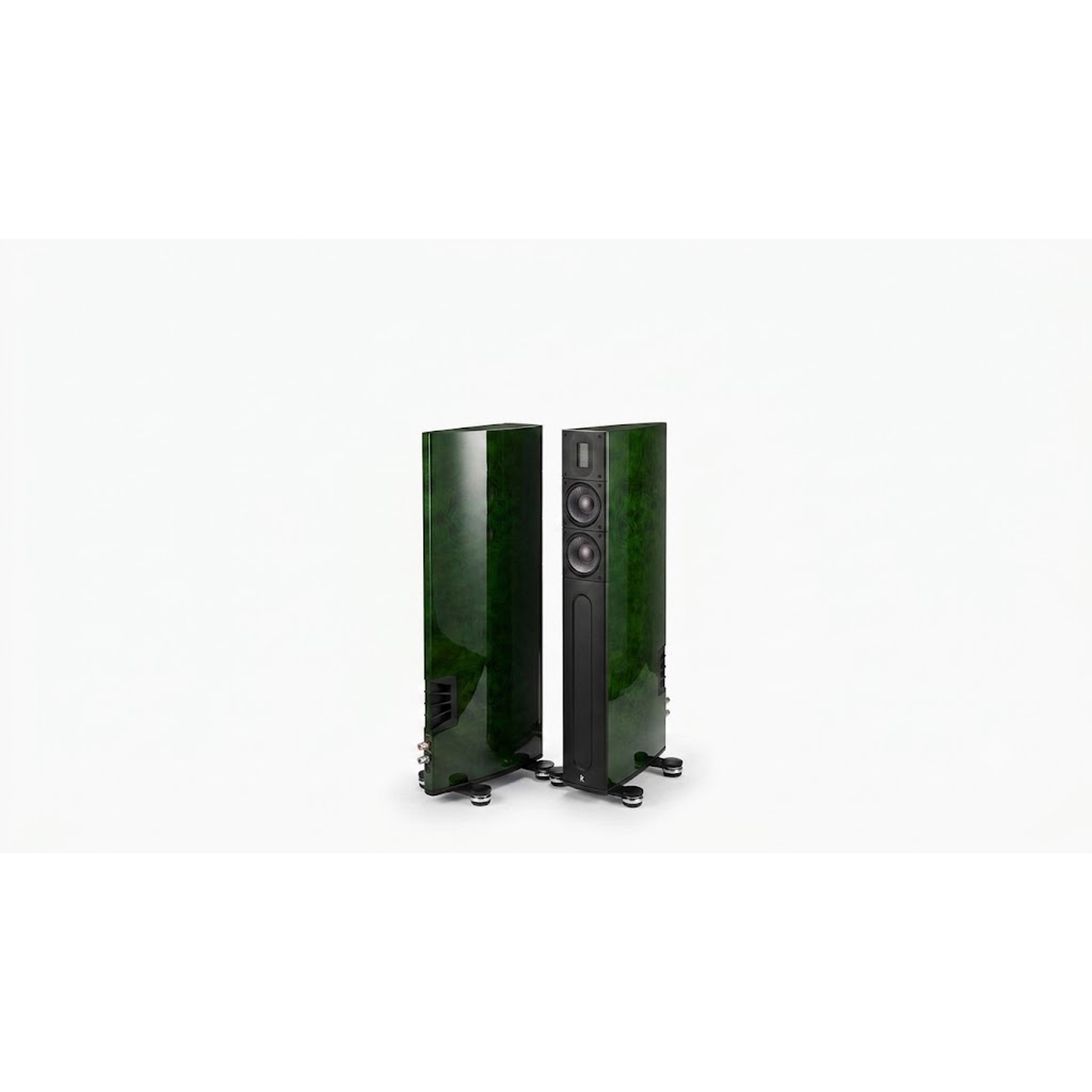 Raidho X2t 25th Anniversary Standlautsprecher Stereopaar von vorn und hinten, Emerald Green Burl