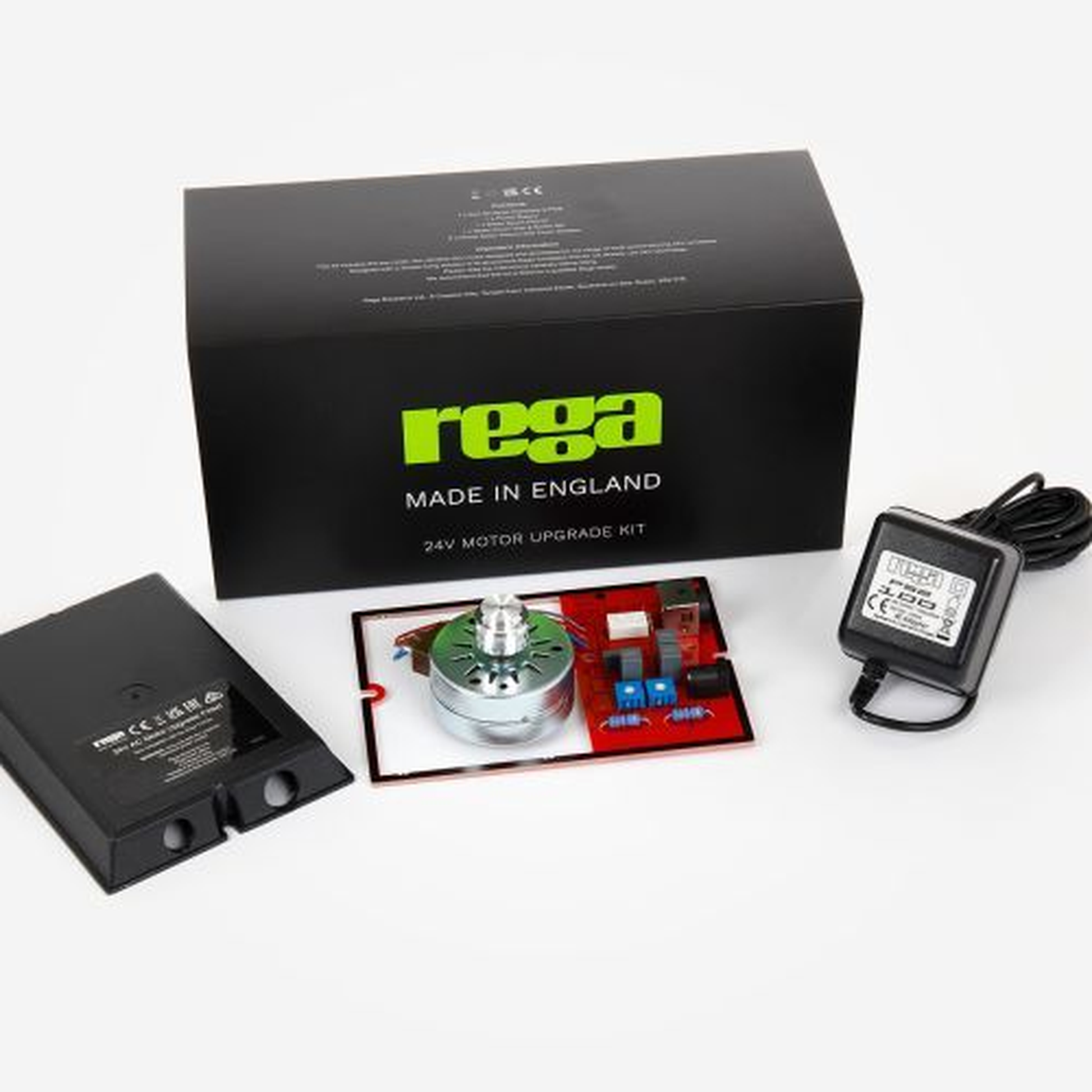 Rega 24V-Motor-Upgrade-Kit Lieferumfang mit Motorplatine, Netzteil und Montagematerial