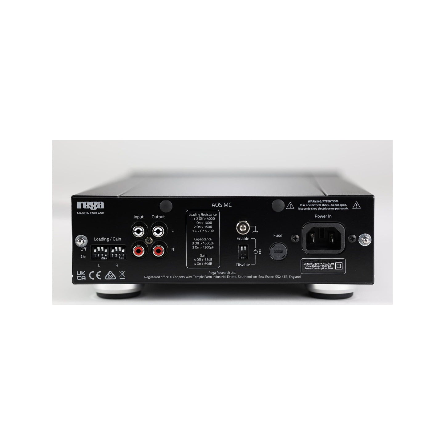 Rega AOS MC Phono-Vorverstärker Rückansicht mit Anschlüssen und DIP-Schaltern