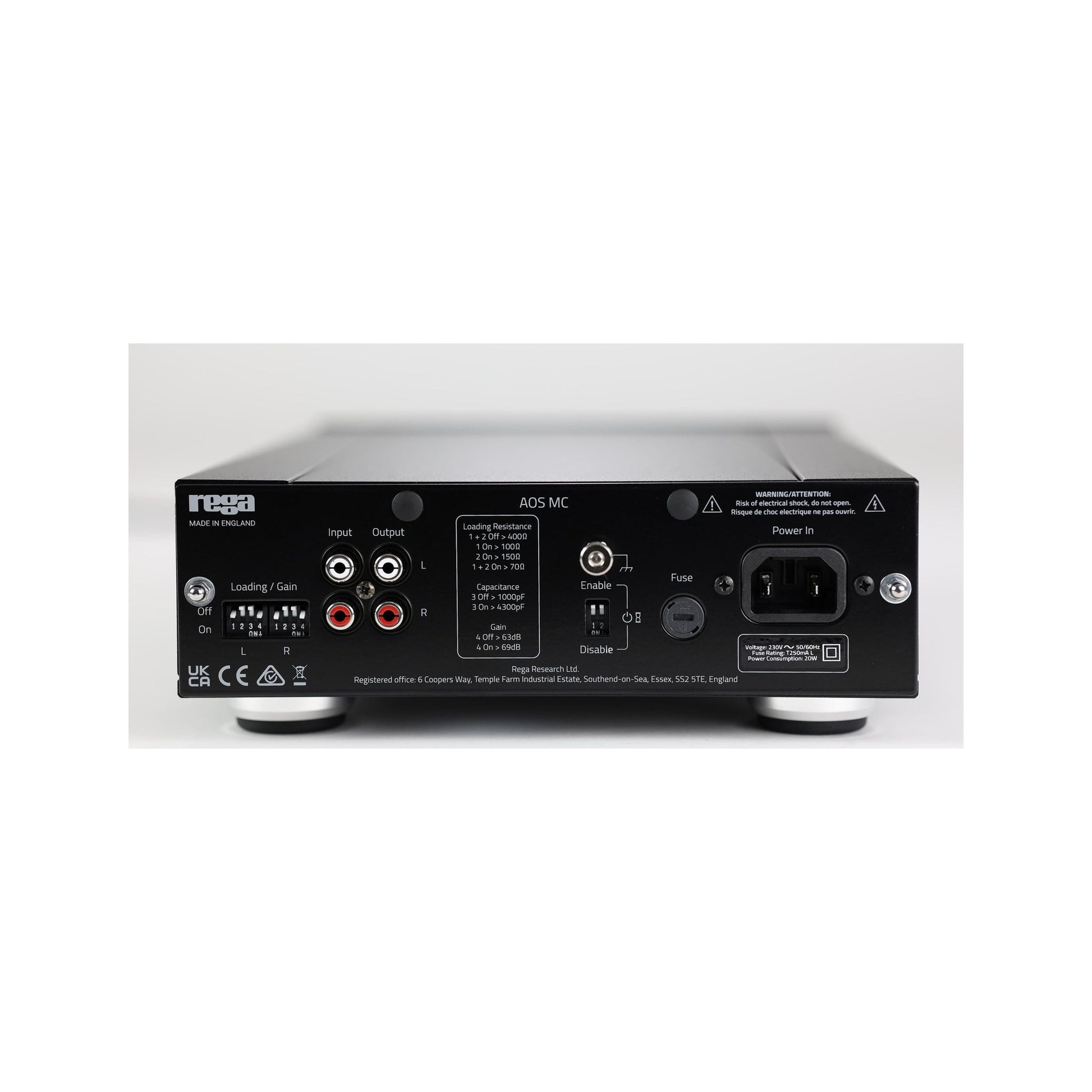 Rega AOS MC Phono-Vorverstärker Rückansicht mit Anschlüssen und DIP-Schaltern