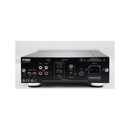 Rega AOS MC Phono-Vorverstärker Rückansicht mit Anschlüssen und DIP-Schaltern
