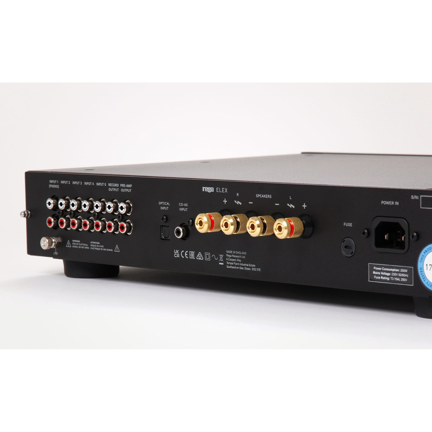 Rega Elex MK4 Vollverstärker Anschlussfeld mit Lautsprecherklemmen und Digitaleingängen