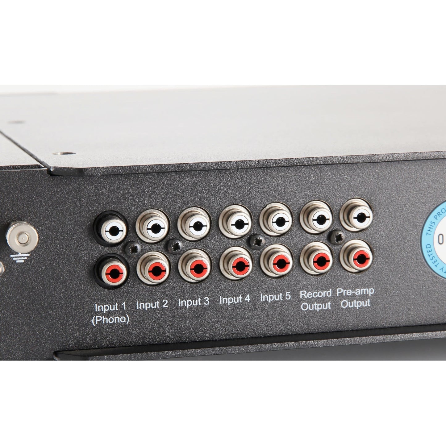 Rega Elex MK4 Vollverstärker Detailansicht beschriftete Cinch-Eingänge