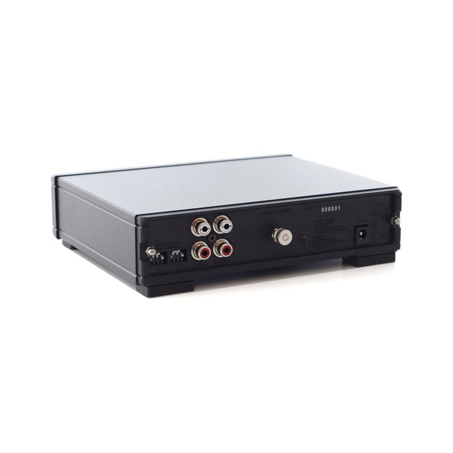 Rega Fono MC MK4 Phono-Vorverstärker, Rückansicht mit Anschlüssen und DIP-Schaltern