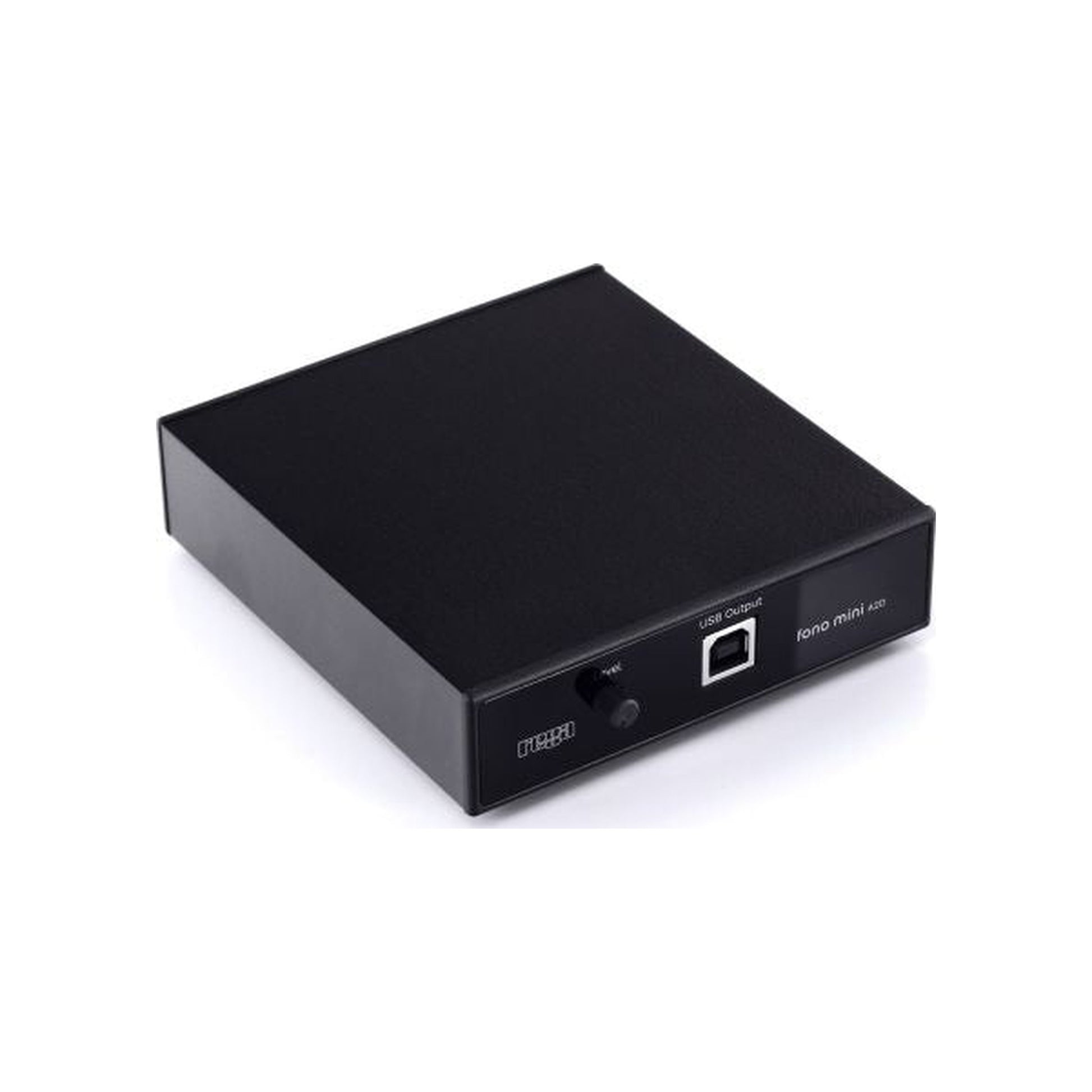 Rega Fono Mini A2D Phono-Vorverstärker, Schrägansicht Frontpartie mit USB-Anschluss