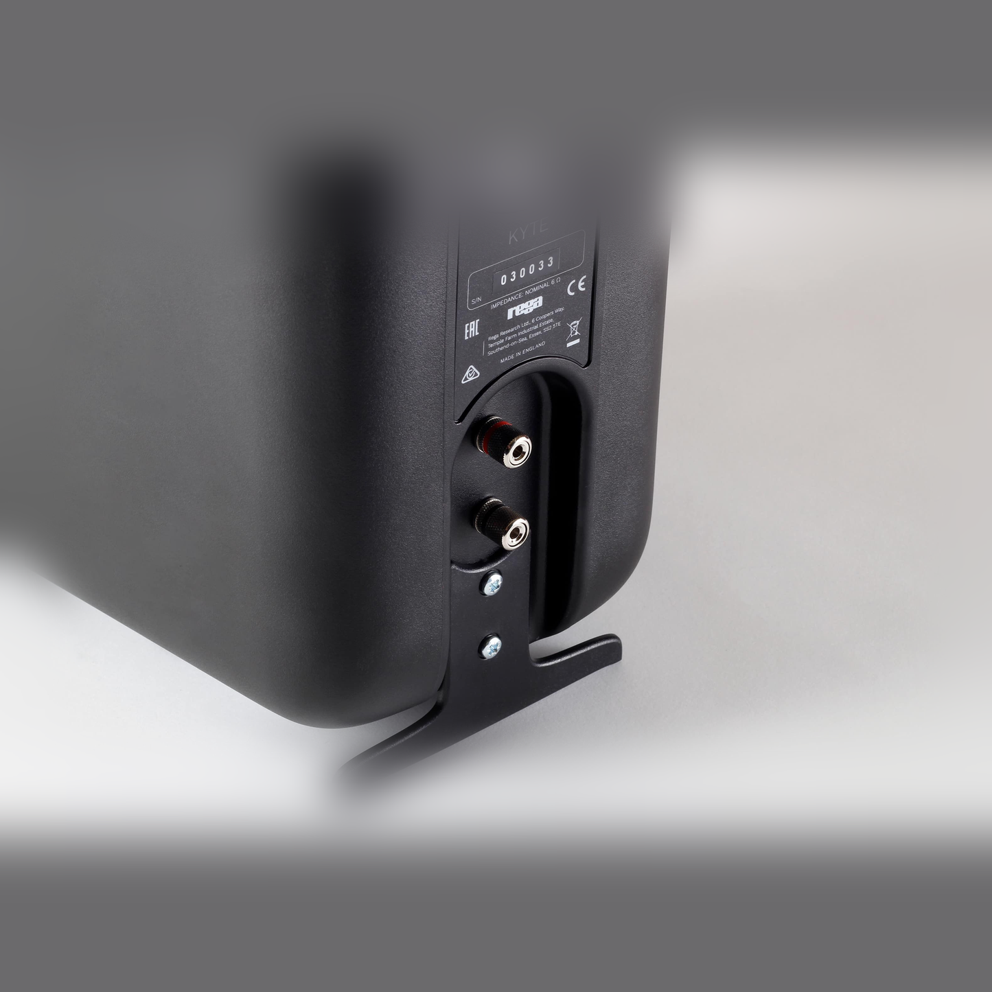 Rega Kyte 2-Wege-Regallautsprecher Schwarz Anschlussfeld mit Terminal und Typenschild