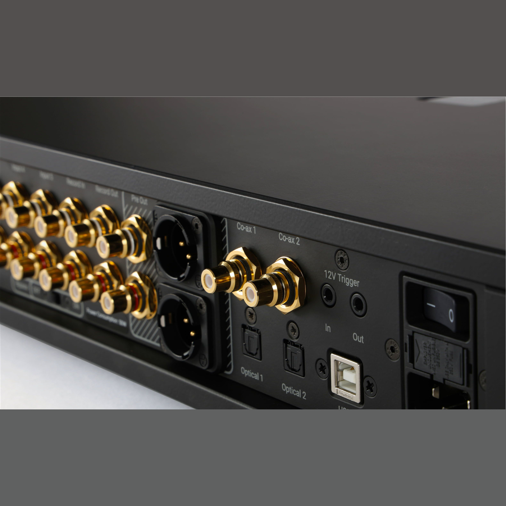 Rega Mercury Referenz-Vorverstärker, Anschlussfeld mit Cinch-, XLR- und Koaxial-Anschlüssen