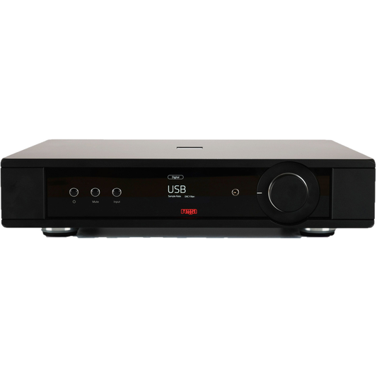 Rega Mercury Referenz-Vorverstärker, Frontansicht mit Display und Lautstärkeregler