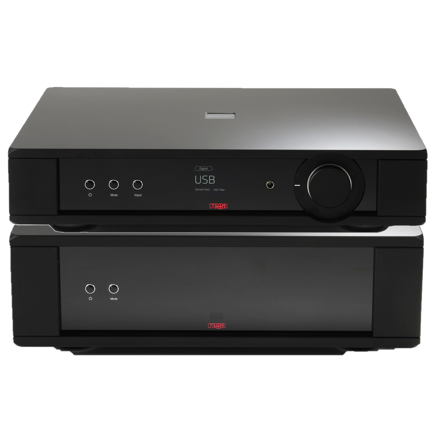 Rega Mercury/Solis Referenz-Set, Frontansicht mit Vorverstärker über der Endstufe