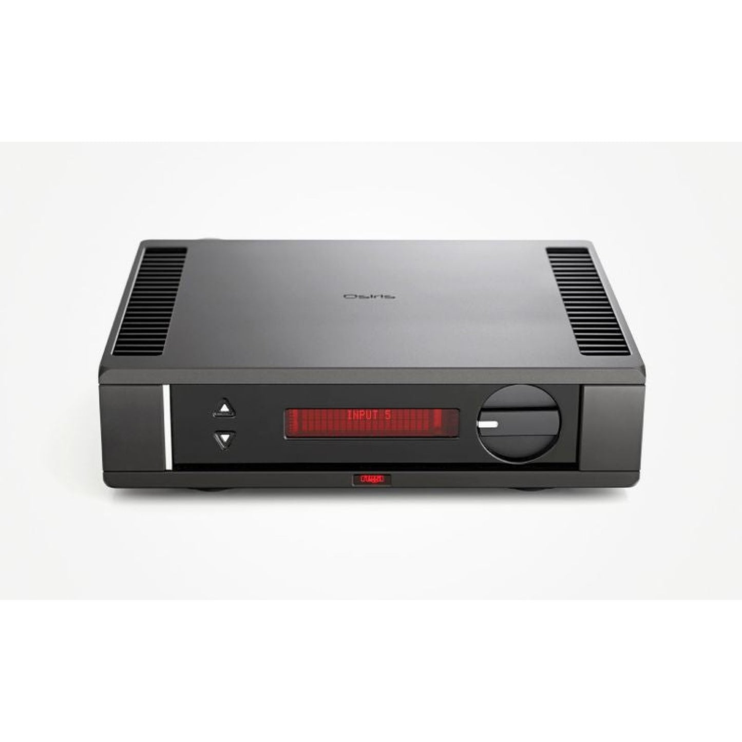 Rega Osiris Referenz-Vollverstärker, Detailansicht Frontpartie mit Eingangswahl und Display