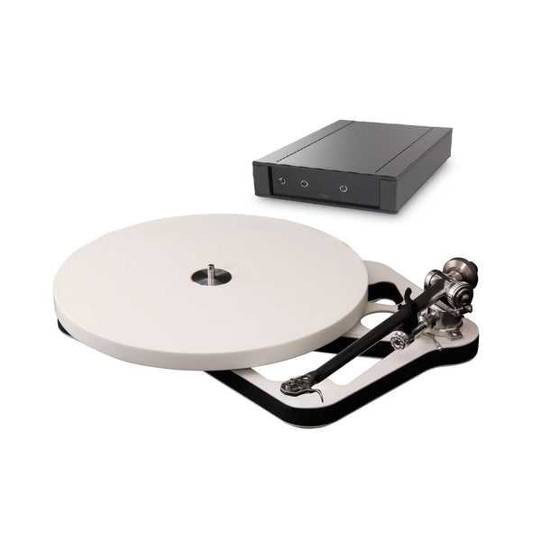 Rega Planar 10 Plattenspieler, Weiss, Schrägansicht mit PL10 Netzteil im Hintergrund