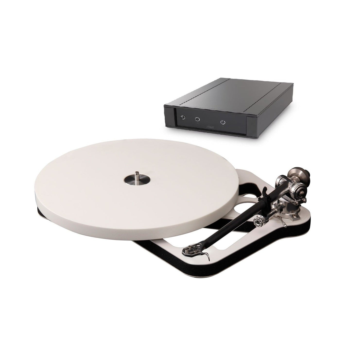 Rega Planar 10 Plattenspieler, Weiss, Schrägansicht mit PL10 Netzteil im Hintergrund