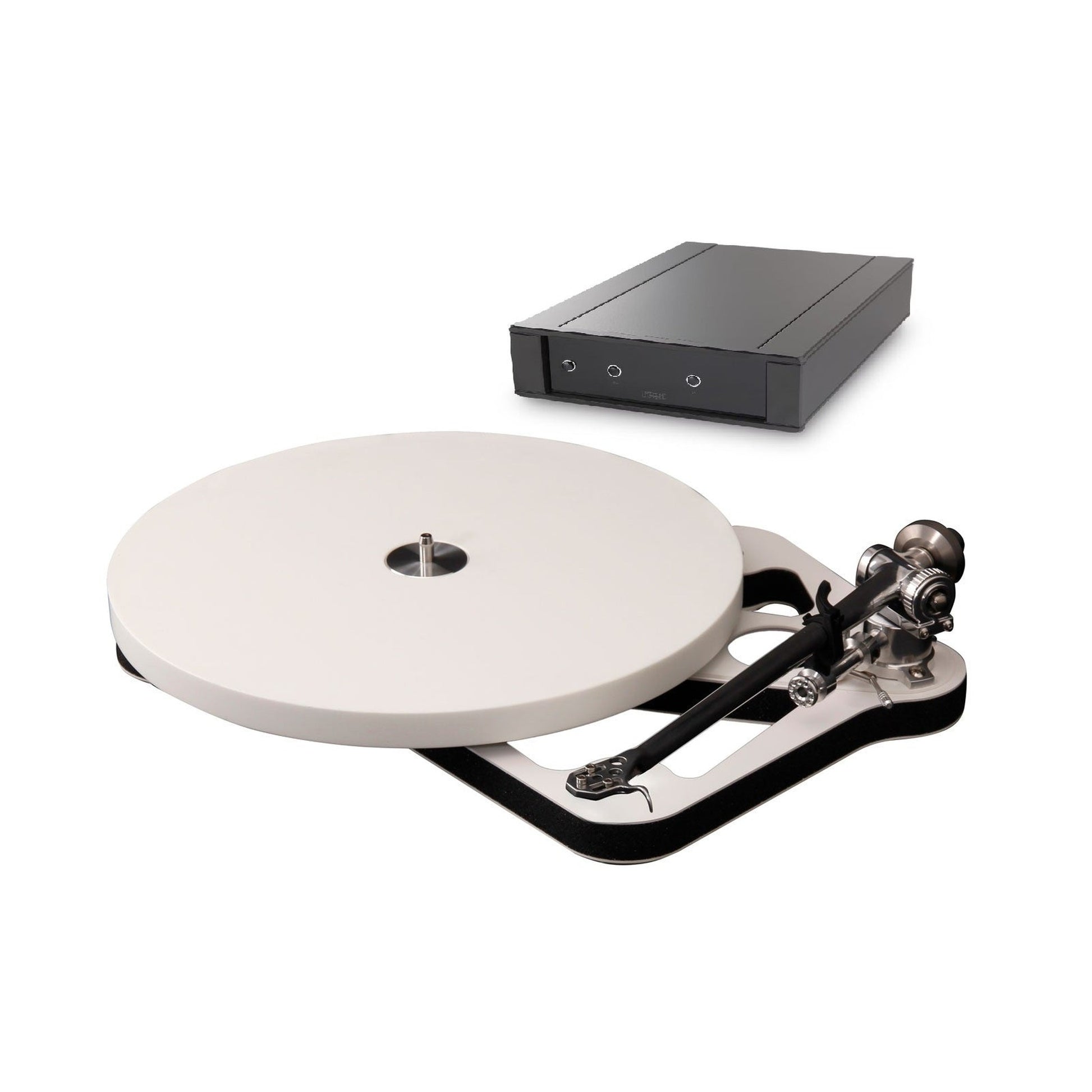 Rega Planar 10 Plattenspieler, Weiss, Schrägansicht mit PL10 Netzteil im Hintergrund