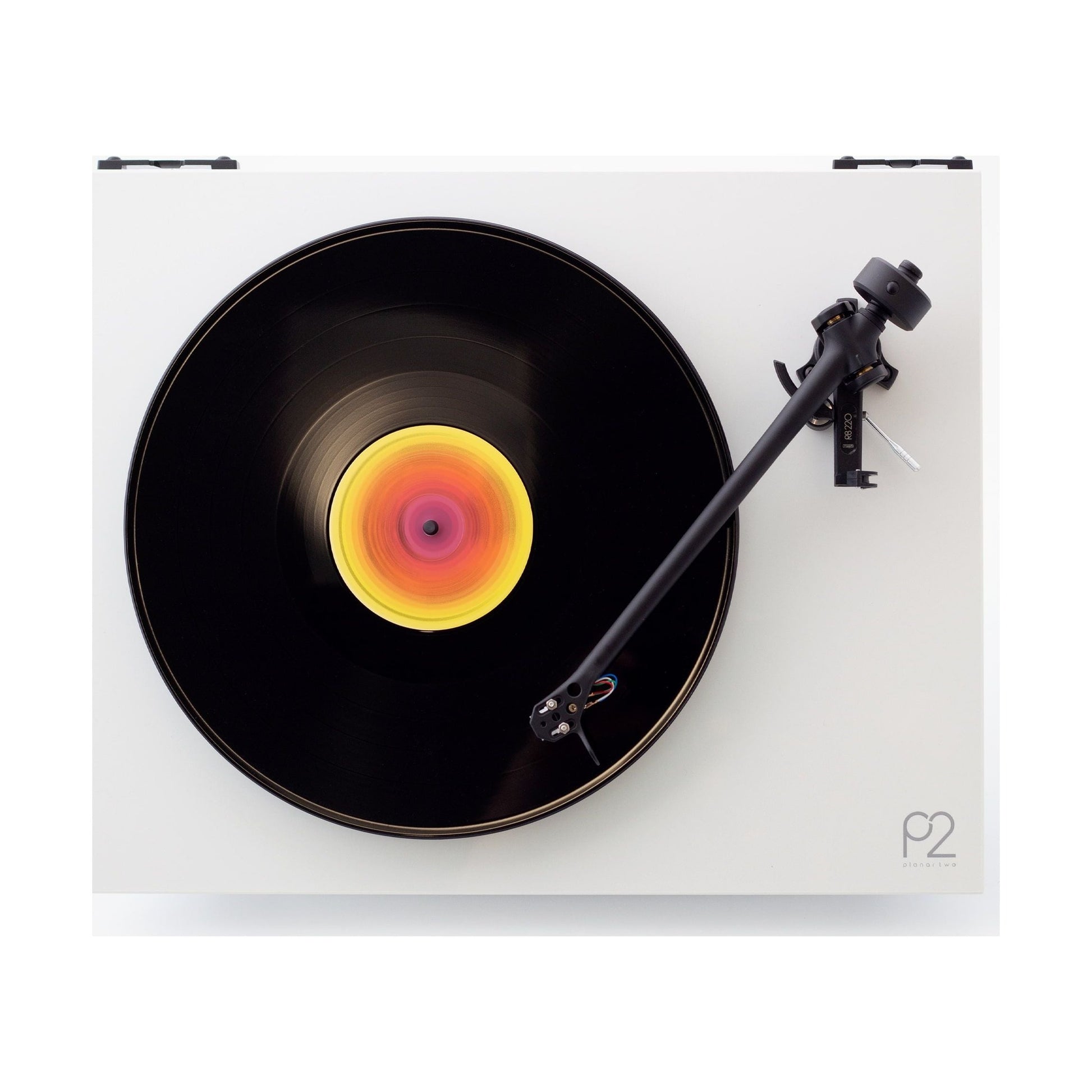Rega Planar 2 Plattenspieler Weiss Draufsicht mit aufgelegter Schallplatte