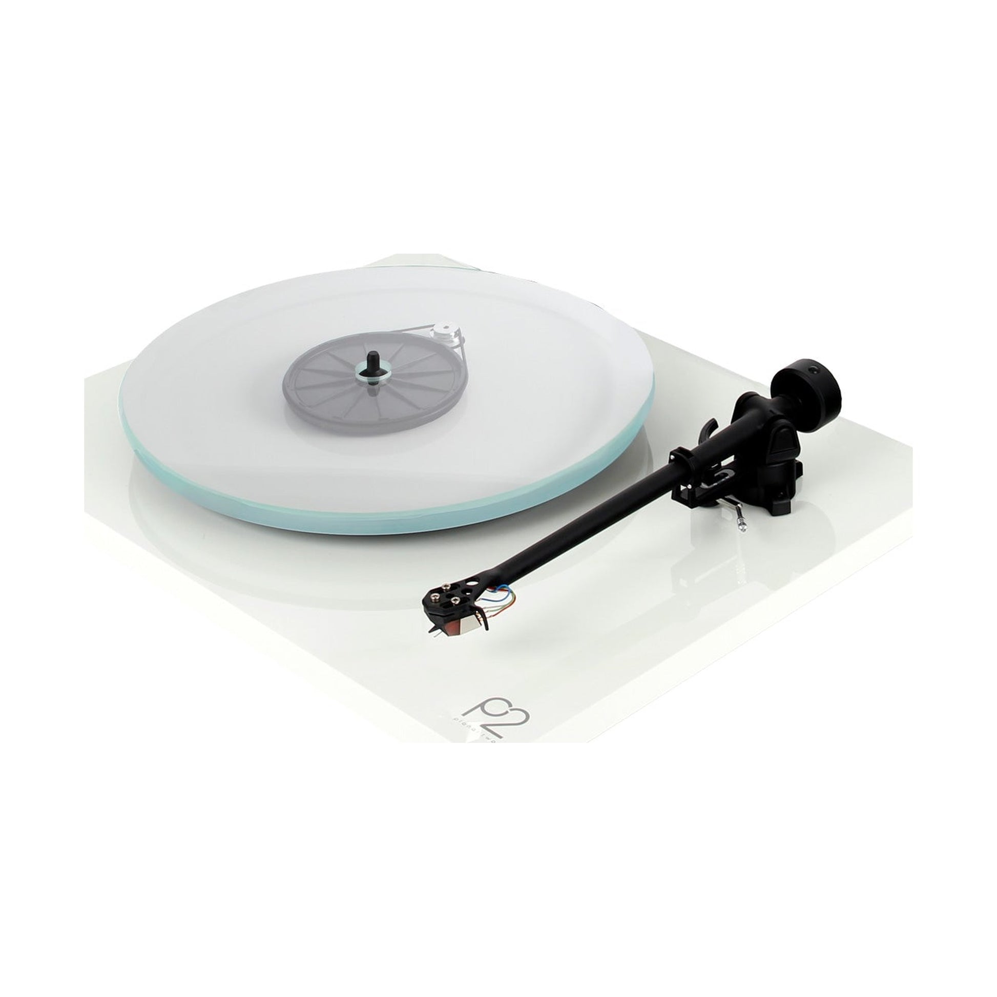 Rega Planar 2 Plattenspieler Weiss Schrägansicht mit Glasteller ohne Filzmatte