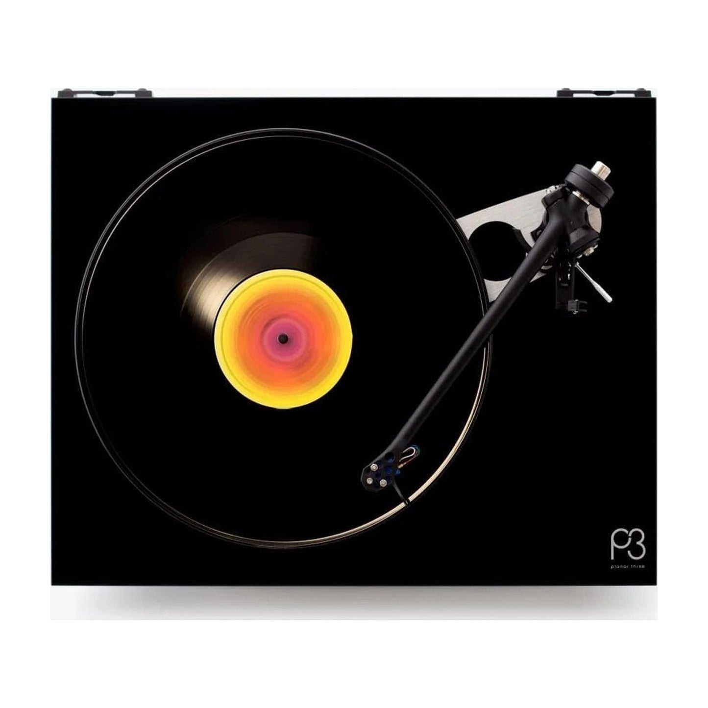 Rega Planar 3 Plattenspieler, Schwarz, Draufsicht mit aufgelegter Schallplatte