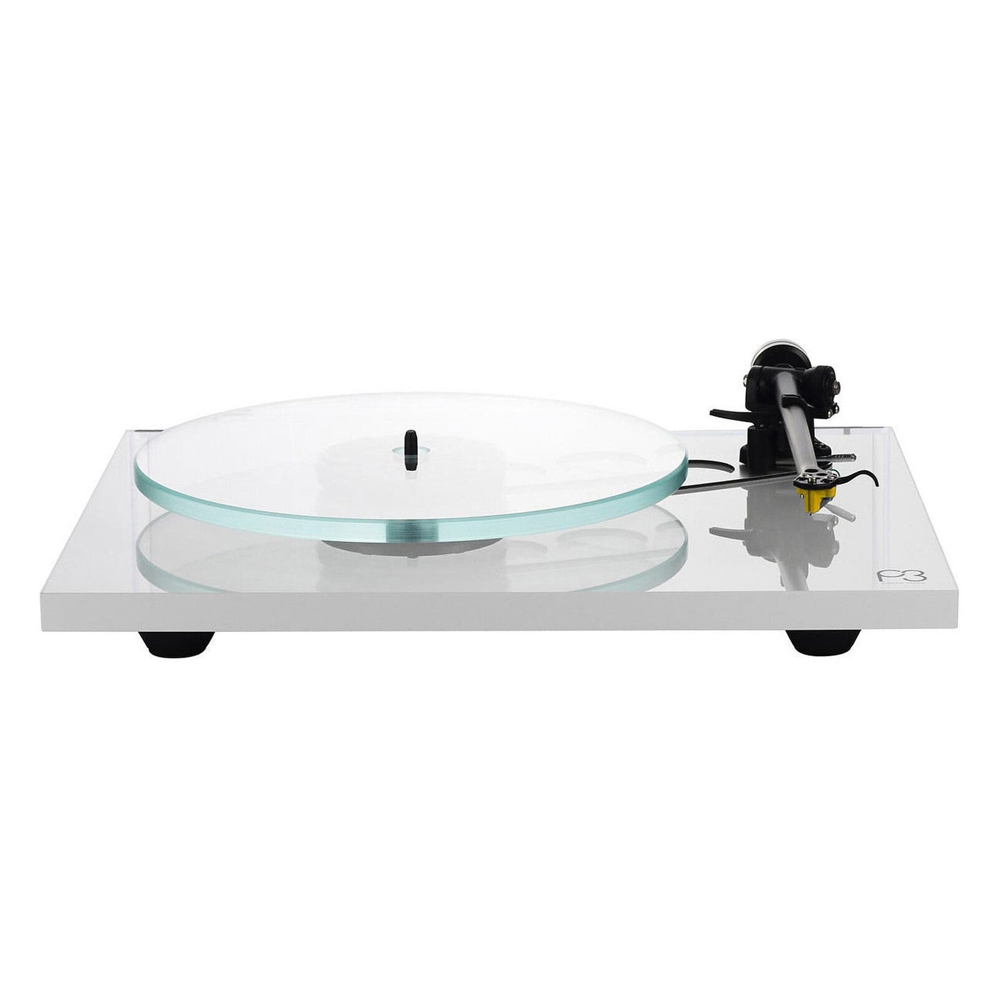 Rega Planar 3 Plattenspieler, Weiss, Schrägansicht mit Opti-White Glasteller