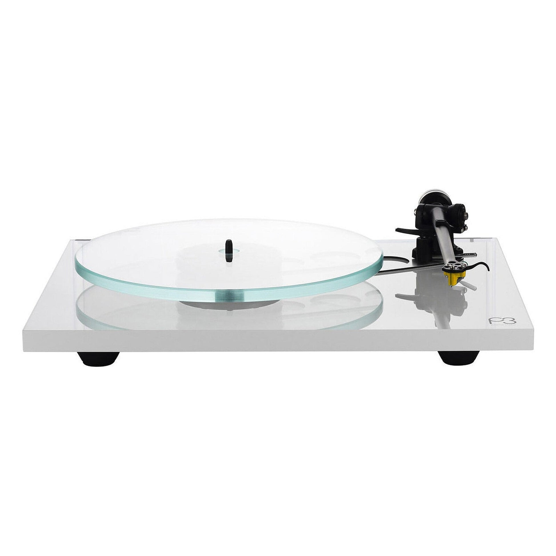 Rega Planar 3 Plattenspieler, Weiss, Schrägansicht mit Opti-White Glasteller