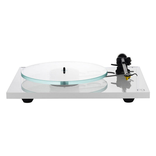Rega Planar 3 Plattenspieler, Weiss, Schrägansicht mit Opti-White Glasteller