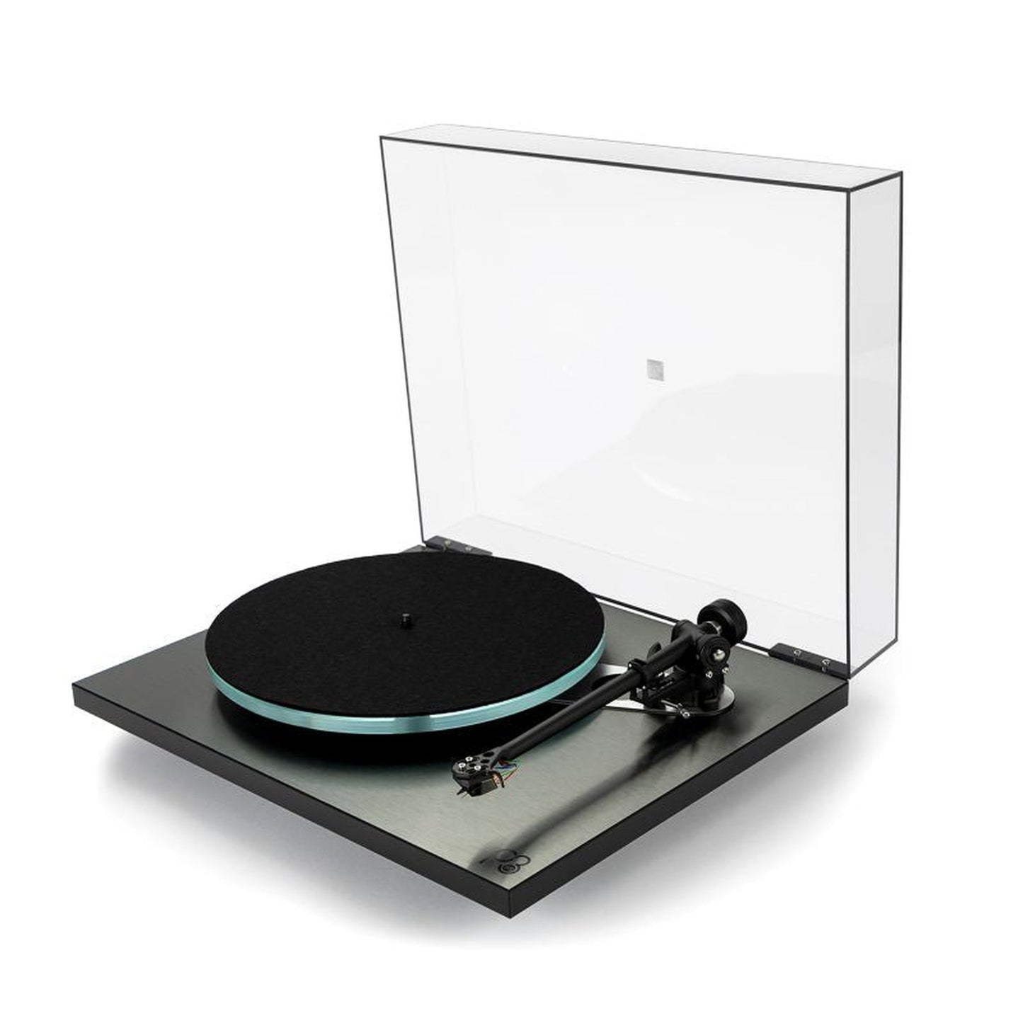 Rega Planar 3 RS Edition Plattenspieler Schrägansicht mit geöffneter Staubschutzhaube