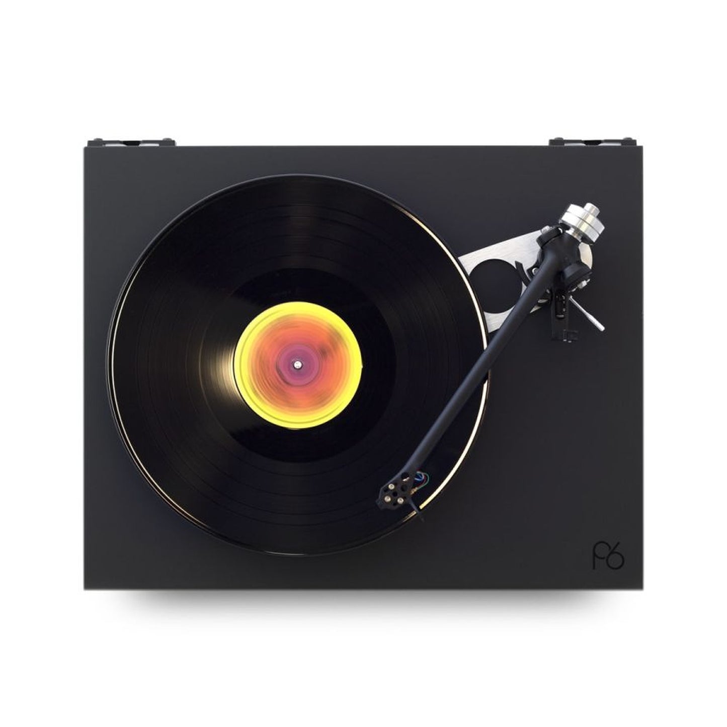 Rega Planar 6 Plattenspieler, Schwarz, Draufsicht mit aufgelegter Schallplatte