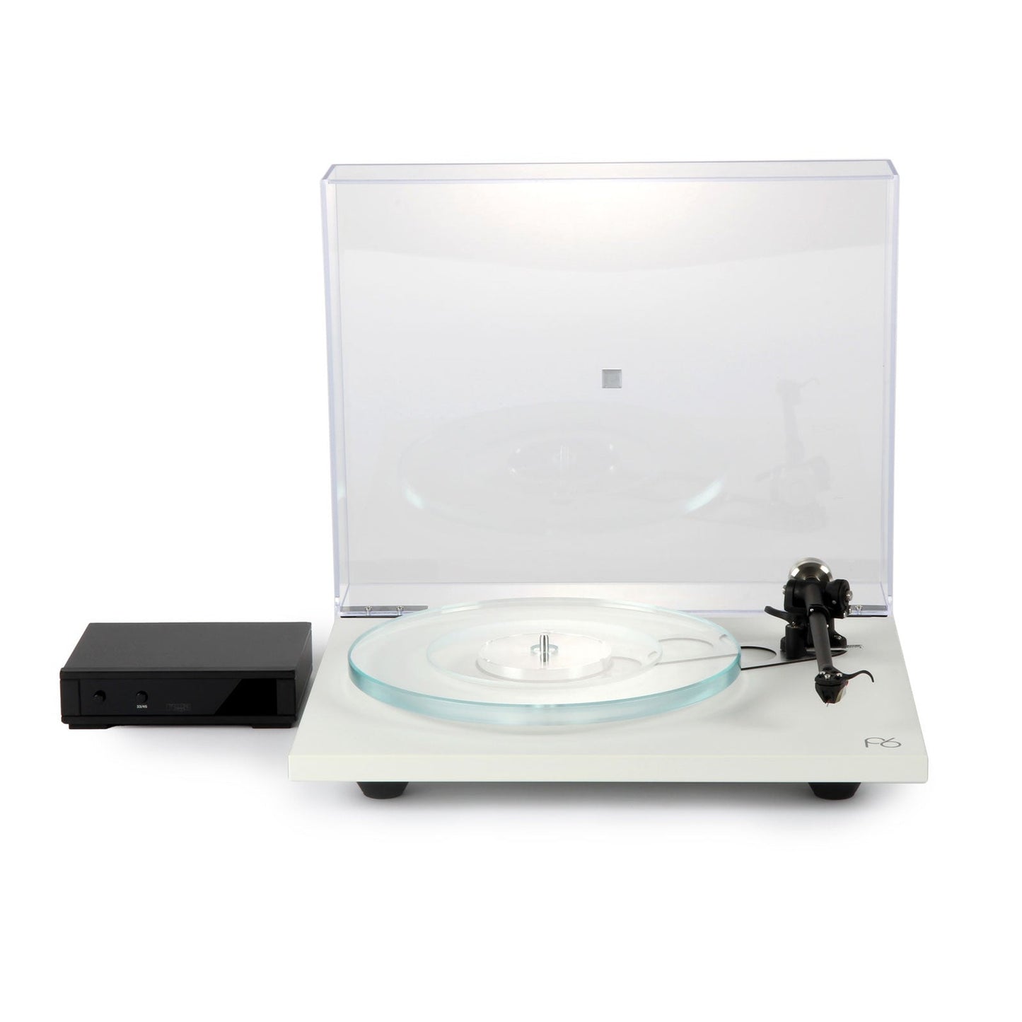 Rega Planar 6 Plattenspieler, Weiss, Frontansicht mit Neo PSU Netzteil