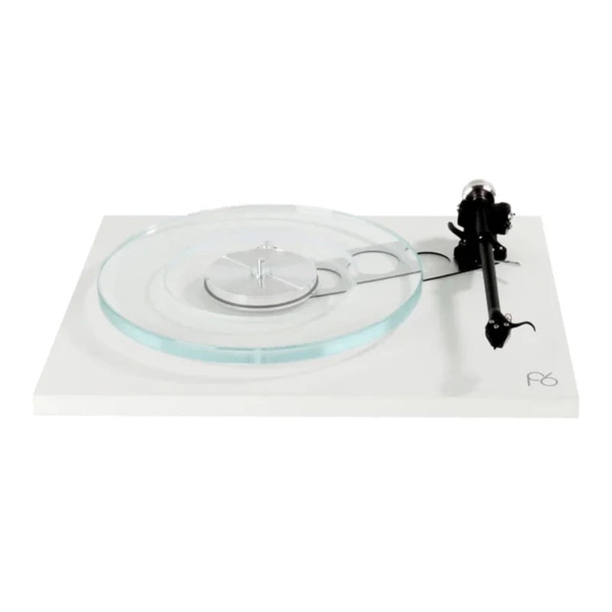 Rega Planar 6 Plattenspieler, Weiss, Schrägansicht auf Glasteller und Tonarm