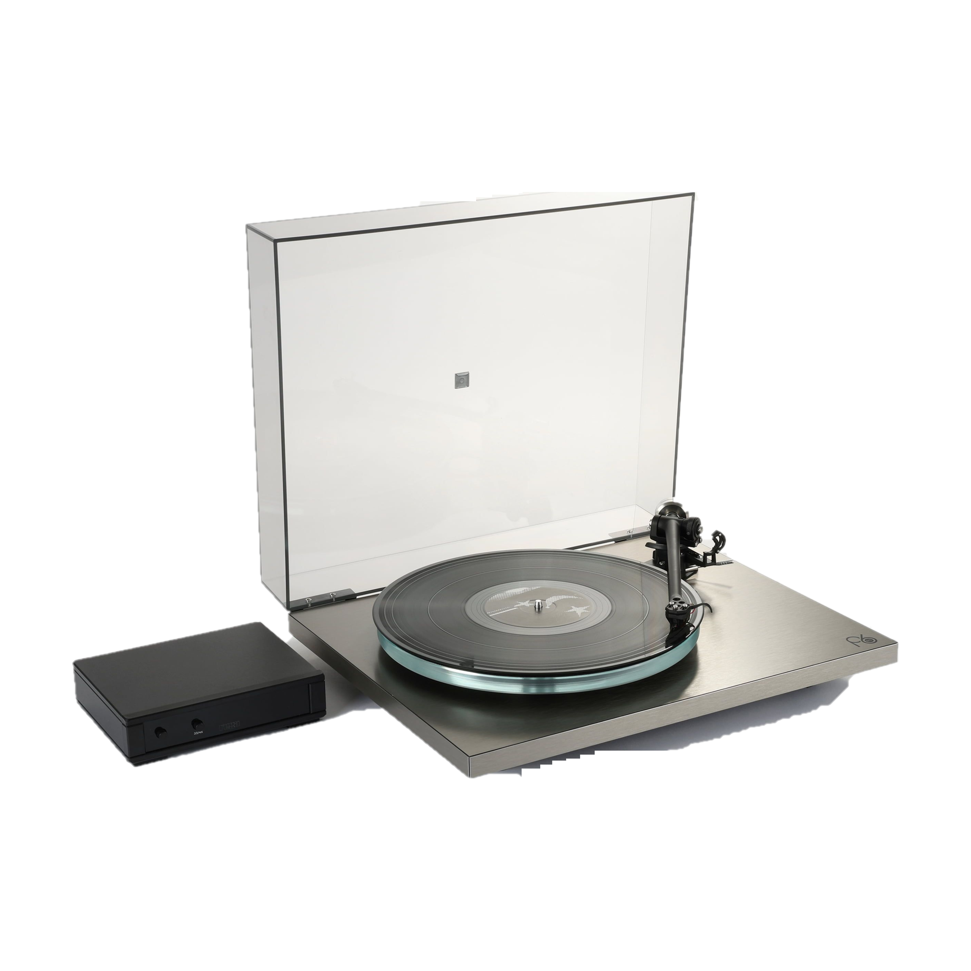 Rega Planar 6 RS Plattenspieler, Schrägansicht mit weit geöffneter Staubschutzhaube