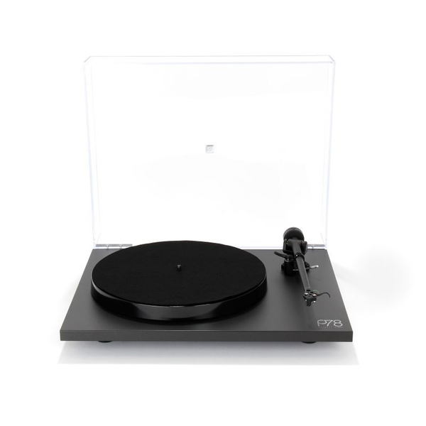 Rega Planar 78 Plattenspieler Schwarz Frontansicht mit geöffneter Staubschutzhaube