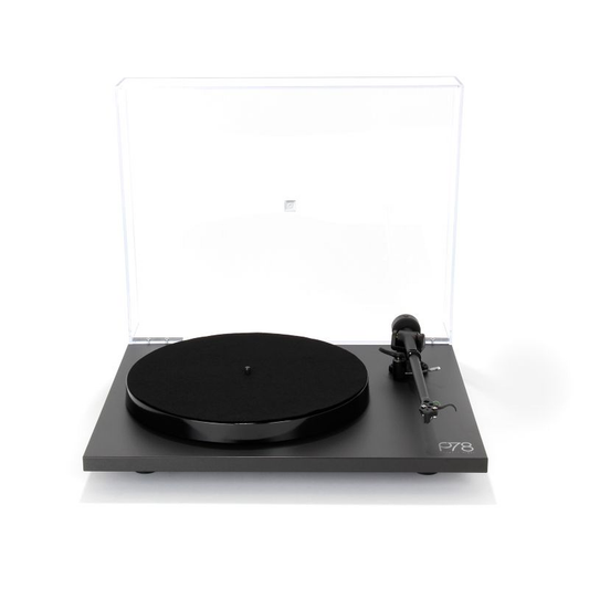 Rega Planar 78 Plattenspieler Schwarz Frontansicht mit geöffneter Staubschutzhaube
