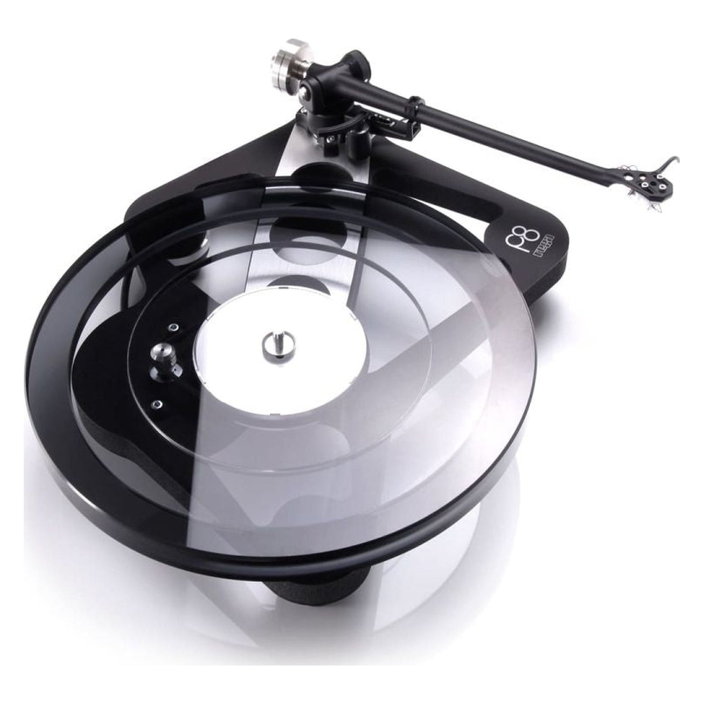 Rega Planar 8 Plattenspieler, Schwarz, Schrägansicht mit RB880 Tonarm und Triple-Layer Glasteller